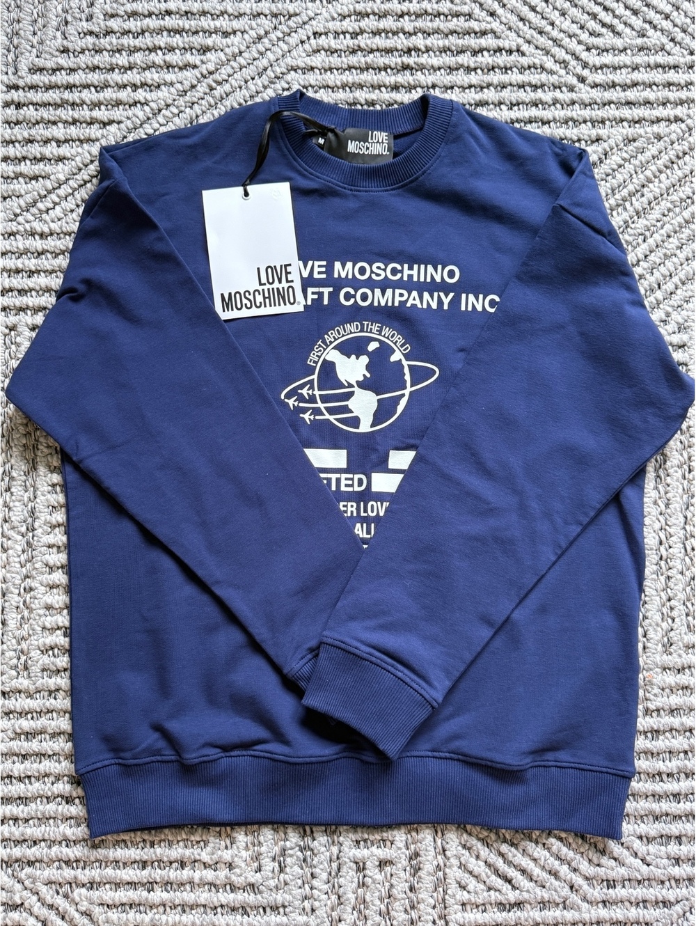 New LOVE MOSCHINO $365 Dark Blue Heather AircraftPrint FleeceSweatshirt Turkey M - Picture 2 of 6